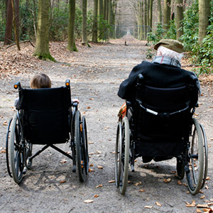 Legal guardianship photo of grandfather and grandson in wheelchairs.
