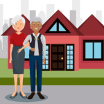 Mixed-race senior couple standing in front of their home illustration.