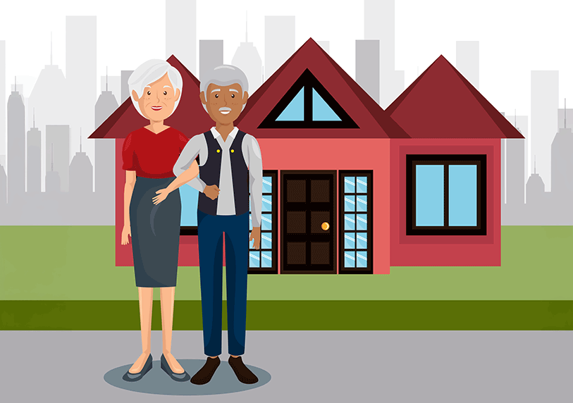 senior-couple-standing-in-front-of-their-home Mixed-race senior couple standing in front of their home illustration.