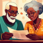 Elderly couple seated at kitchen table ponder legal definition.
