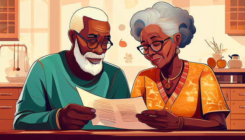 Elderly couple seated at kitchen table ponder legal definition.