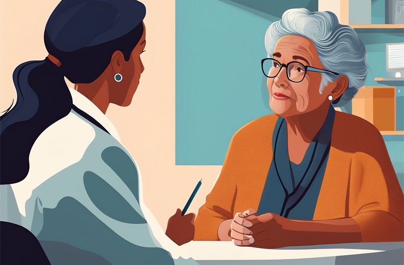 Elderly woman is questioned by a doctor.
