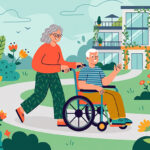 Elderly couple on garden path of a nursing home.