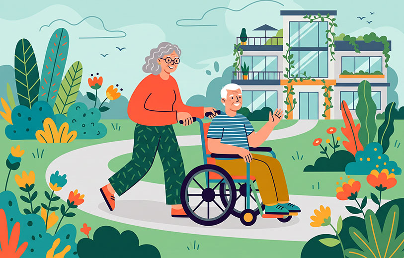 elderly-couple-in-garden-of-nursing-home Elderly couple on garden path of a nursing home.